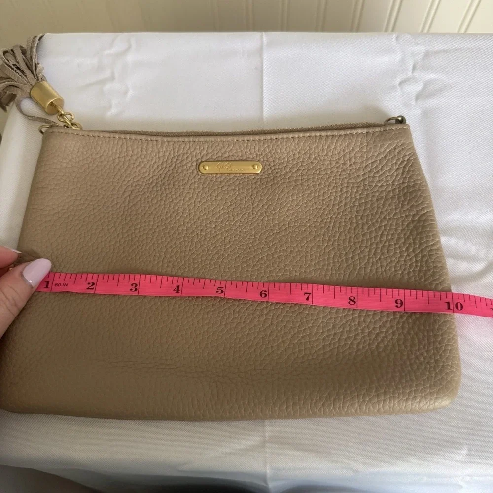 Gigi New York Taupe Tan Pebbled Leather Tassel Clutch Zip Top Pouch Gold